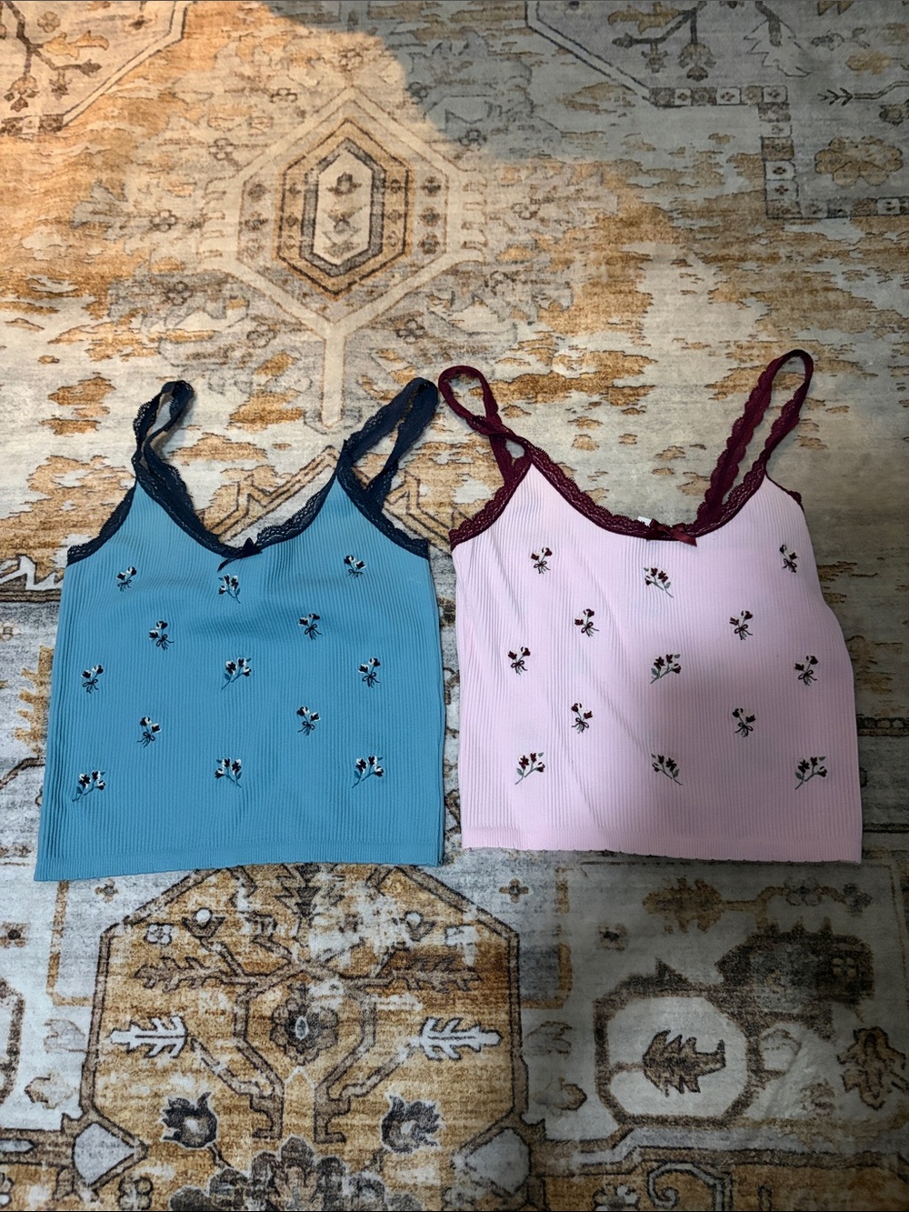 Full Tilt Floral Ribbed Cami Pair - Blue & Pink